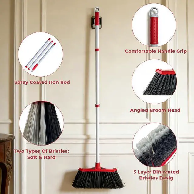 Alt view image 6 of 7 - Heavy Duty Angle Broom | 51" Extended Splicing Iron Rod | Double Sided 5 Layer Bifurcated Bristles | Indoor Outdoor Household Kitchen Dust Sweeping Cleaning Tool
