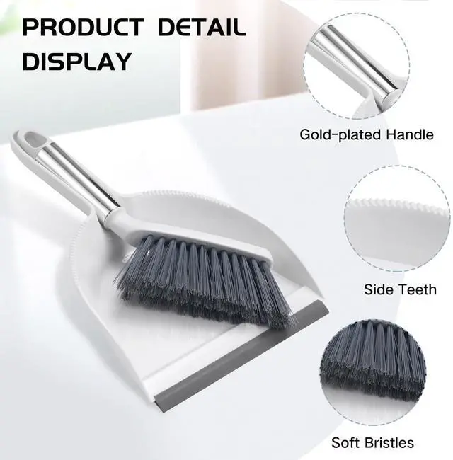 Alt view image 5 of 7 - Mini Broom and Dustpan Set, Small Dust Pan and Brush Set with Handle Dustpan Teeth for Cleaning Hair Suitable for Office Desks Drawers Sofas Outdoor Camping, White & Gray