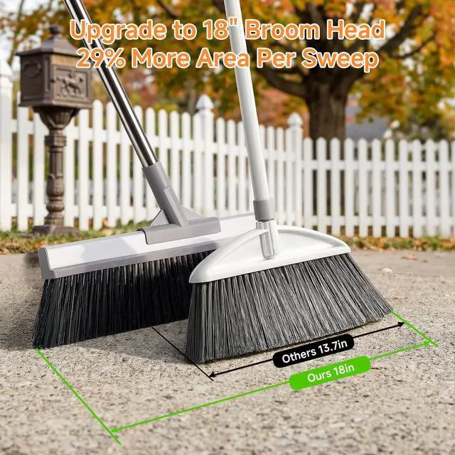 Alt view image 2 of 7 - 18" Extra Wide Heavy Duty Broom, Aluminum Reinforced Commercial Broom for Driveway and Garage, 60" Adjustable Handle, 29% More Sweeping Area for Concrete, Patios, Decks, Workshops