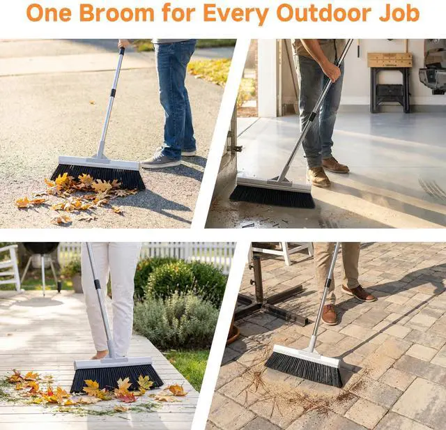 Alt view image 6 of 7 - 18" Extra Wide Heavy Duty Broom, Aluminum Reinforced Commercial Broom for Driveway and Garage, 60" Adjustable Handle, 29% More Sweeping Area for Concrete, Patios, Decks, Workshops
