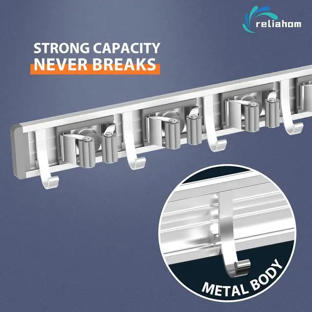 Alt view image 2 of 6 - Adjustable Broom Holder Wall Mount, Mop Storage Tool Racks, Broom Hanger Tool Organizer for Garage, Kitchen, Garden, Laundry Room, 4 Racks 5 Hooks Silver
