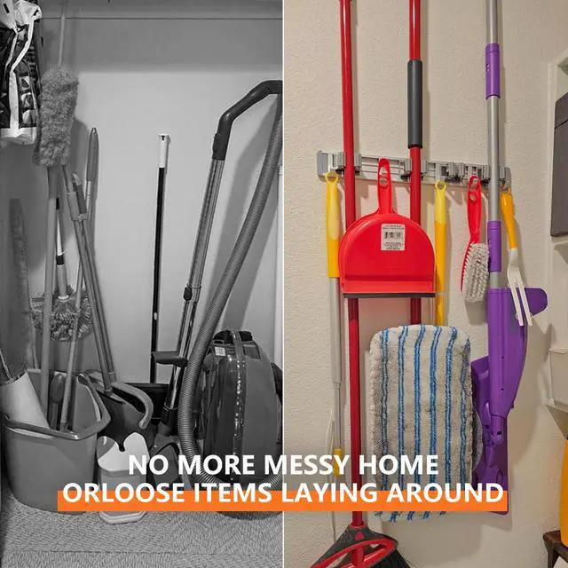 Alt view image 4 of 6 - Adjustable Broom Holder Wall Mount, Mop Storage Tool Racks, Broom Hanger Tool Organizer for Garage, Kitchen, Garden, Laundry Room, 4 Racks 5 Hooks Silver