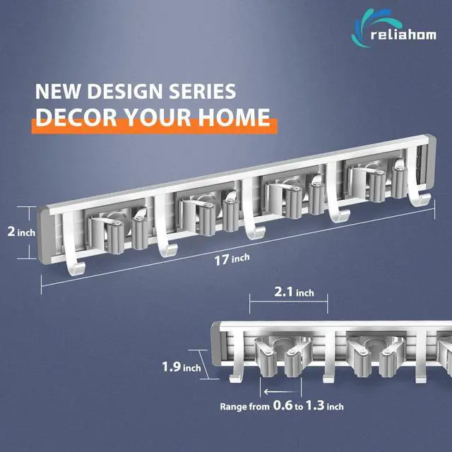 Alt view image 6 of 6 - Adjustable Broom Holder Wall Mount, Mop Storage Tool Racks, Broom Hanger Tool Organizer for Garage, Kitchen, Garden, Laundry Room, 4 Racks 5 Hooks Silver