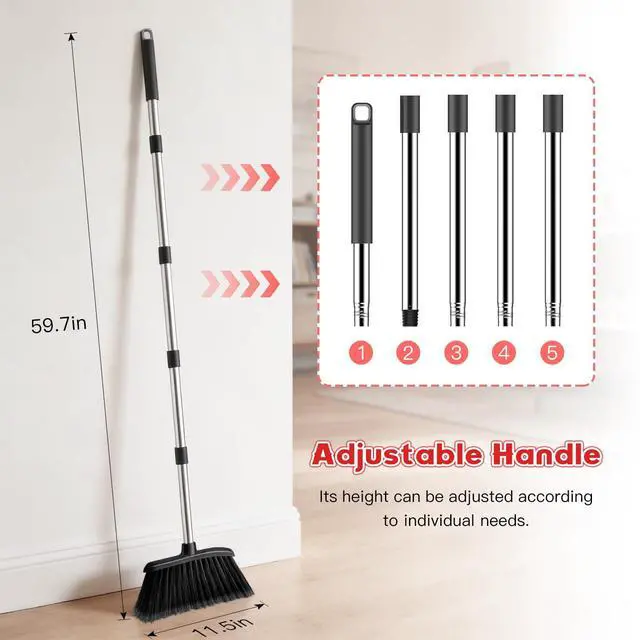Alt view image 2 of 7 - Broom and Step-on Dustpan Set, 59-in Adjustable Long Handle Broom with Dustpan Combo Set Outdoor Angle Broom for Sweeping Indoor Dust Pet Hair for Cleaning Kitchen Garage Deck Patio, Black