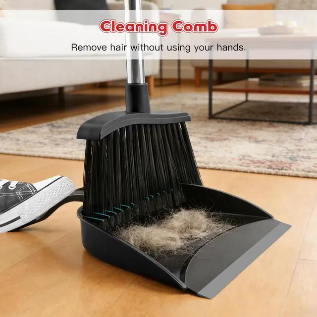 Alt view image 3 of 7 - Broom and Step-on Dustpan Set, 59-in Adjustable Long Handle Broom with Dustpan Combo Set Outdoor Angle Broom for Sweeping Indoor Dust Pet Hair for Cleaning Kitchen Garage Deck Patio, Black