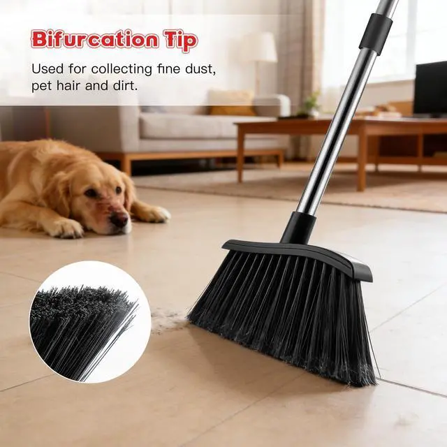 Alt view image 4 of 7 - Broom and Step-on Dustpan Set, 59-in Adjustable Long Handle Broom with Dustpan Combo Set Outdoor Angle Broom for Sweeping Indoor Dust Pet Hair for Cleaning Kitchen Garage Deck Patio, Black