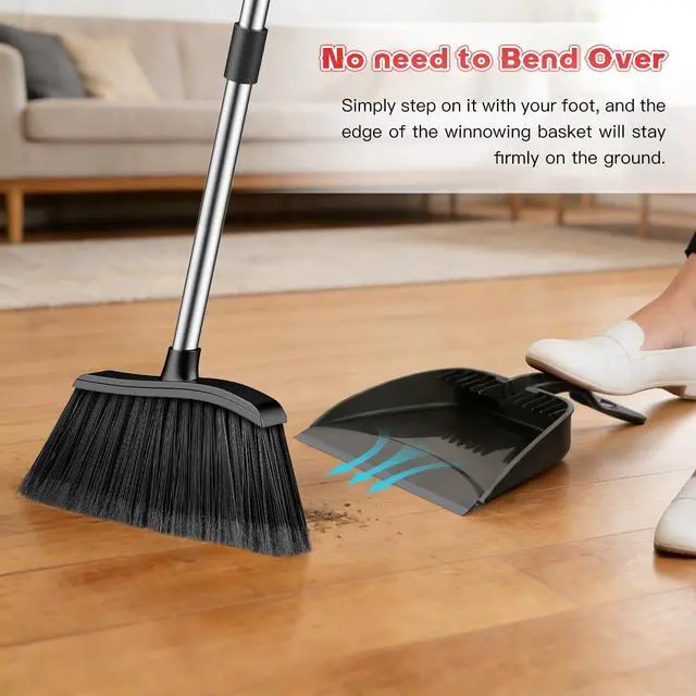 Alt view image 6 of 7 - Broom and Step-on Dustpan Set, 59-in Adjustable Long Handle Broom with Dustpan Combo Set Outdoor Angle Broom for Sweeping Indoor Dust Pet Hair for Cleaning Kitchen Garage Deck Patio, Black