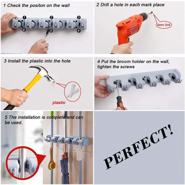 Alt view image 3 of 6 - Broom Hanger Wall Mount Broom and Mop Organizer Wall Hanging Garden Tool Organizers Rack Garage Laundry Room Organizations and Storage with Hooks Heavy Duty