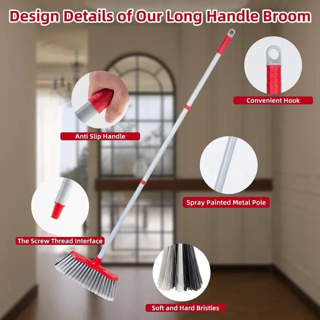 Alt view image 6 of 7 - Indoor Outdoor Broom, Unique Double-Sided Bristles Long Handle Heavy Duty Broom Perfect for Home and Courtyard Garage Lobby Mall Market Floor Home Kitchen Room Office Pet Hair Rubbish 51 Inch