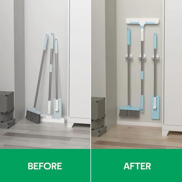 Alt view image 7 of 7 - 3 Pack Broom Holder Wall Mount Mop Grippers No Drilling Self Adhesive Anti-Slip Mop Handle Hanger Dustpan and Broom Organizer Garage Storage Racks-White