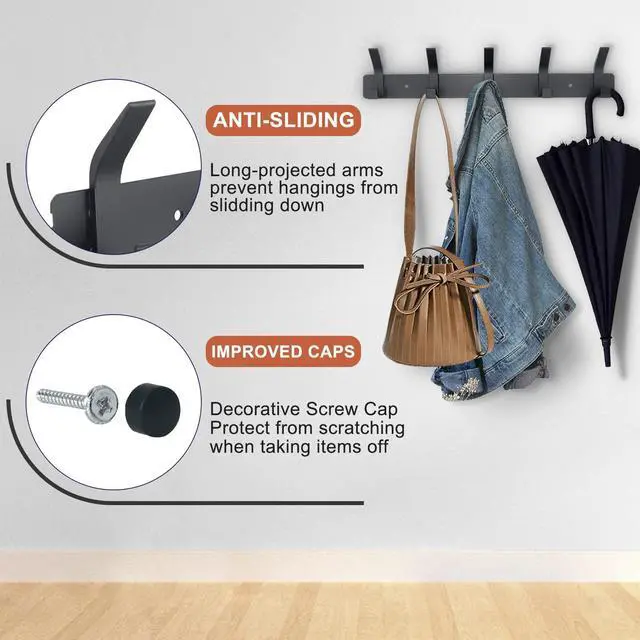 Alt view image 3 of 7 - Coat Rack Wall Mounted,5 Coat Hooks for Hanging Coats,Heavy Duty Metal Double Hook Rack Hook Rail,Coat Rack with Hooks,Wall Mount Coat Hanger for Hat Towel Purse Robes ,Black,2Pack (Black2, 5 Hooks)
