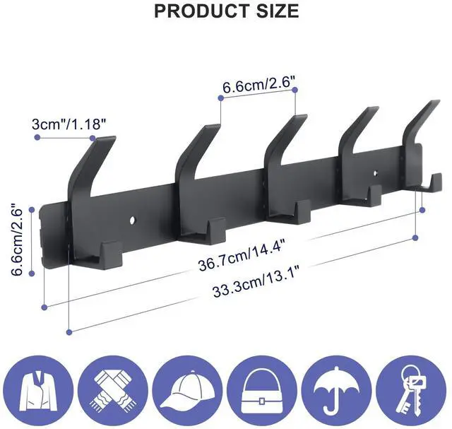 Alt view image 2 of 7 - Coat Rack Wall Mounted,5 Coat Hooks for Hanging Coats,Heavy Duty Metal Double Hook Rack Hook Rail,Coat Rack with Hooks,Wall Mount Coat Hanger for Hat Towel Purse Robes ,Black,2Pack (Black2, 5 Hooks)