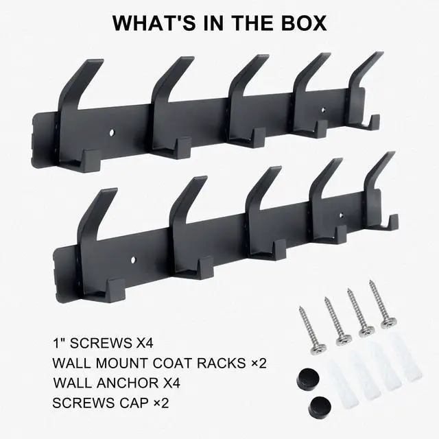 Alt view image 7 of 7 - Coat Rack Wall Mounted,5 Coat Hooks for Hanging Coats,Heavy Duty Metal Double Hook Rack Hook Rail,Coat Rack with Hooks,Wall Mount Coat Hanger for Hat Towel Purse Robes ,Black,2Pack (Black2, 5 Hooks)