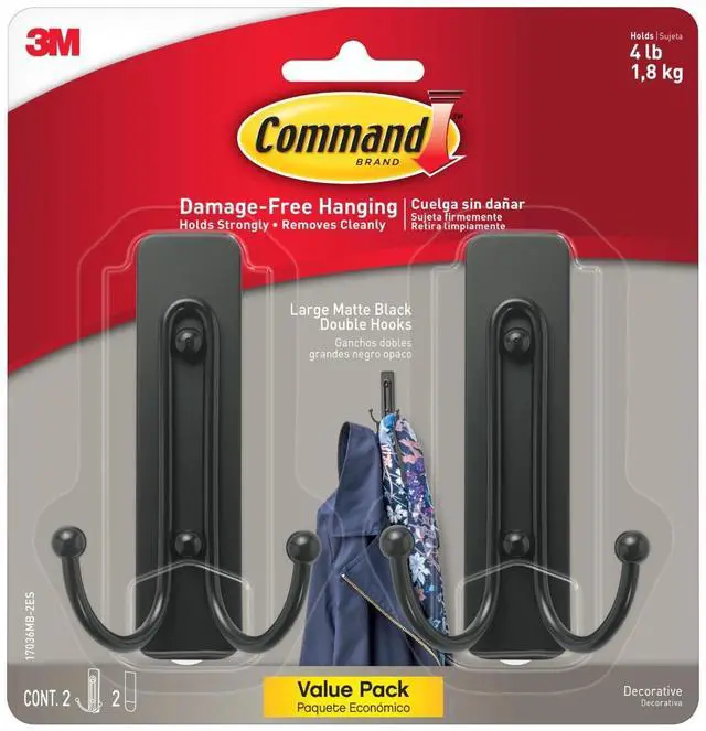 Main image of Large Matte Black Double Hooks, 2 Hooks and 2 Strips, Damage Free Hanging Wall Hooks with Adhesive Strips, No Tools Coat Hooks for Hanging Home Decor, Holds up to 4 lb