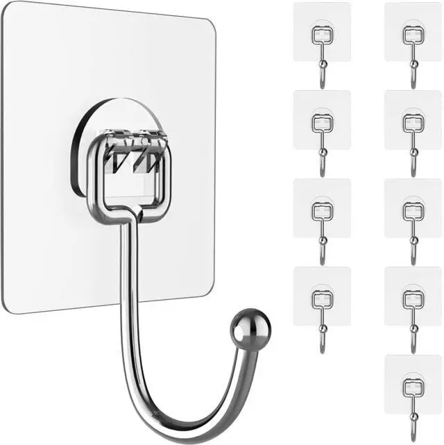 Main image of Large Hooks for Hanging Heavy-Duty 44Ib(Max) 10 Packs, Wall Hangers without Nails Self-Adhesive Traceless Clear and Removable, Waterproof and Rustproof Multiple Uses for Bathroom Kitchen Home