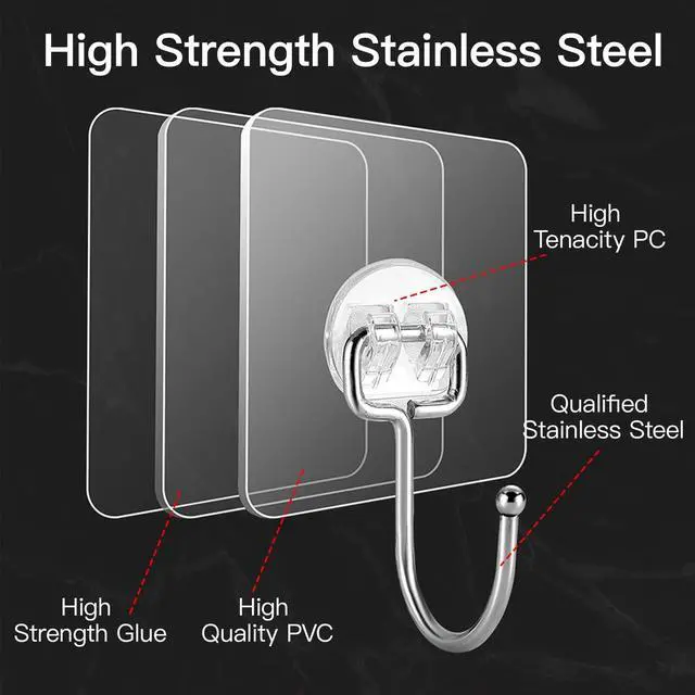 Alt view image 2 of 7 - Large Hooks for Hanging Heavy-Duty 44Ib(Max) 10 Packs, Wall Hangers without Nails Self-Adhesive Traceless Clear and Removable, Waterproof and Rustproof Multiple Uses for Bathroom Kitchen Home