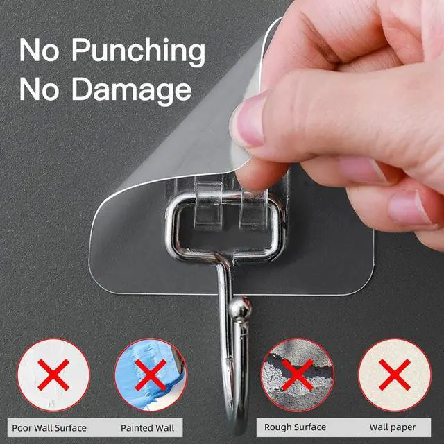 Alt view image 5 of 7 - Large Hooks for Hanging Heavy-Duty 44Ib(Max) 10 Packs, Wall Hangers without Nails Self-Adhesive Traceless Clear and Removable, Waterproof and Rustproof Multiple Uses for Bathroom Kitchen Home