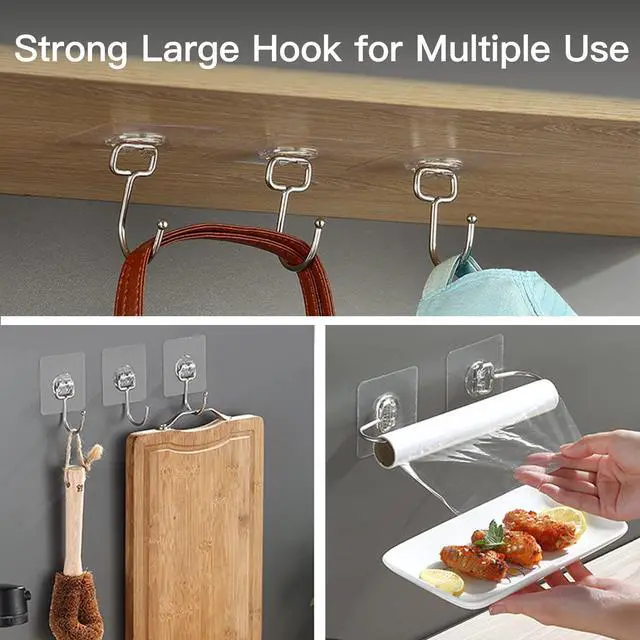 Alt view image 7 of 7 - Large Hooks for Hanging Heavy-Duty 44Ib(Max) 10 Packs, Wall Hangers without Nails Self-Adhesive Traceless Clear and Removable, Waterproof and Rustproof Multiple Uses for Bathroom Kitchen Home