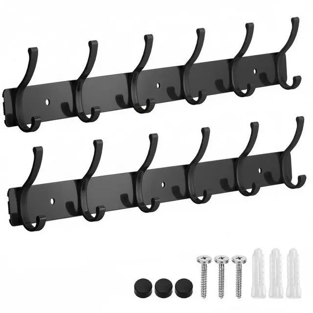 Main image of Coat Rack Wall Mount, 2 Pack Coat Hooks Hanger Wall Double Hook Rack Rail Towel Hat Rack Entryway Bathroom Hanger Organizer for Robes, Clothes, Bags, Hat(Black)