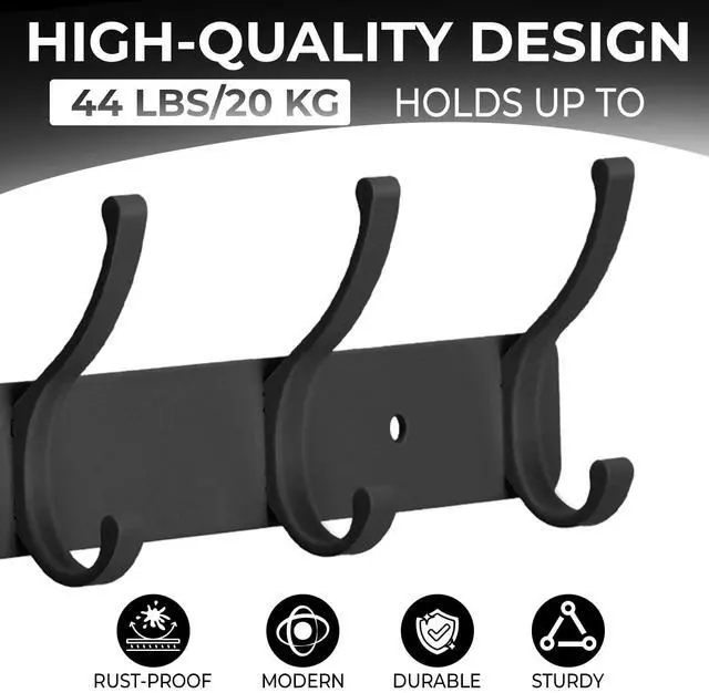Alt view image 3 of 7 - Coat Rack Wall Mount, 2 Pack Coat Hooks Hanger Wall Double Hook Rack Rail Towel Hat Rack Entryway Bathroom Hanger Organizer for Robes, Clothes, Bags, Hat(Black)