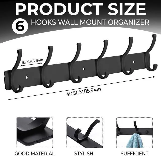 Alt view image 2 of 7 - Coat Rack Wall Mount, 2 Pack Coat Hooks Hanger Wall Double Hook Rack Rail Towel Hat Rack Entryway Bathroom Hanger Organizer for Robes, Clothes, Bags, Hat(Black)