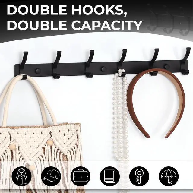 Alt view image 4 of 7 - Coat Rack Wall Mount, 2 Pack Coat Hooks Hanger Wall Double Hook Rack Rail Towel Hat Rack Entryway Bathroom Hanger Organizer for Robes, Clothes, Bags, Hat(Black)
