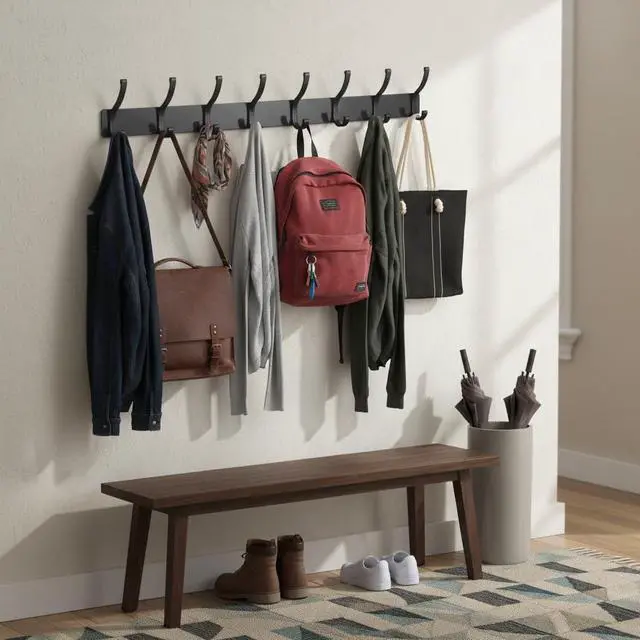Alt view image 7 of 7 - Coat Rack Wall Mount, 2 Pack Coat Hooks Hanger Wall Double Hook Rack Rail Towel Hat Rack Entryway Bathroom Hanger Organizer for Robes, Clothes, Bags, Hat(Black)