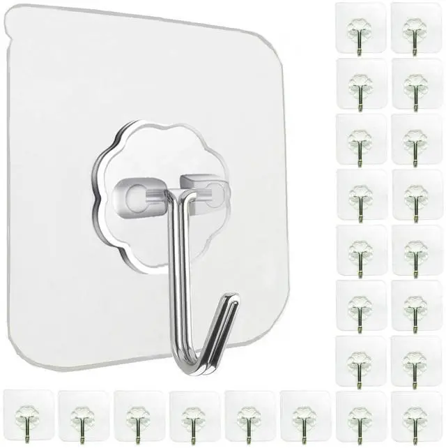 Main image of Wall Hooks Heavy Duty Self Adhesive Hooks 24 Pack 33lb Max, Transparent, Waterproof, Stick On/Sticky Hooks for Keys, Bathroom, Shower, Outdoor, Kitchen, Door, Home Improvement, Utility Hooks