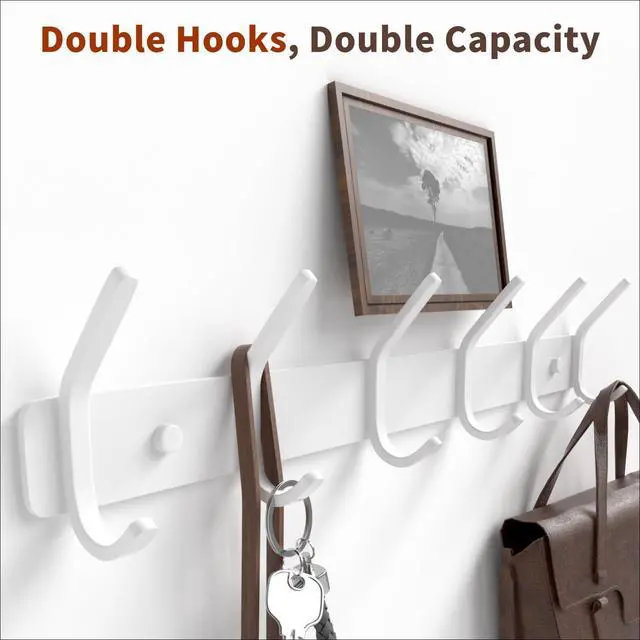 Alt view image 4 of 7 - Coat Rack Wall Mount Hooks - 15 Inch Matte White Metal 6-Hook Organizer Wall Mounted, Modern Kids Room, Entryway & Bathroom Hanger for Beach Towels, Coats, Purses, Bags (1 Pack)