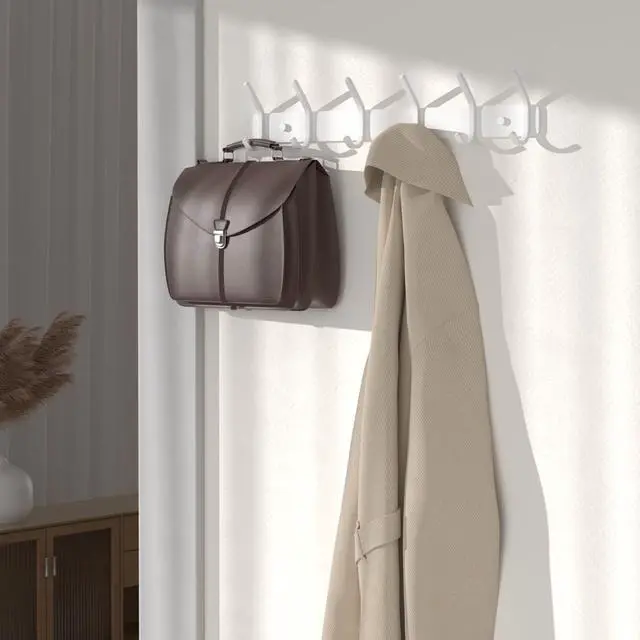 Alt view image 2 of 7 - Coat Rack Wall Mount Hooks - 15 Inch Matte White Metal 6-Hook Organizer Wall Mounted, Modern Kids Room, Entryway & Bathroom Hanger for Beach Towels, Coats, Purses, Bags (1 Pack)