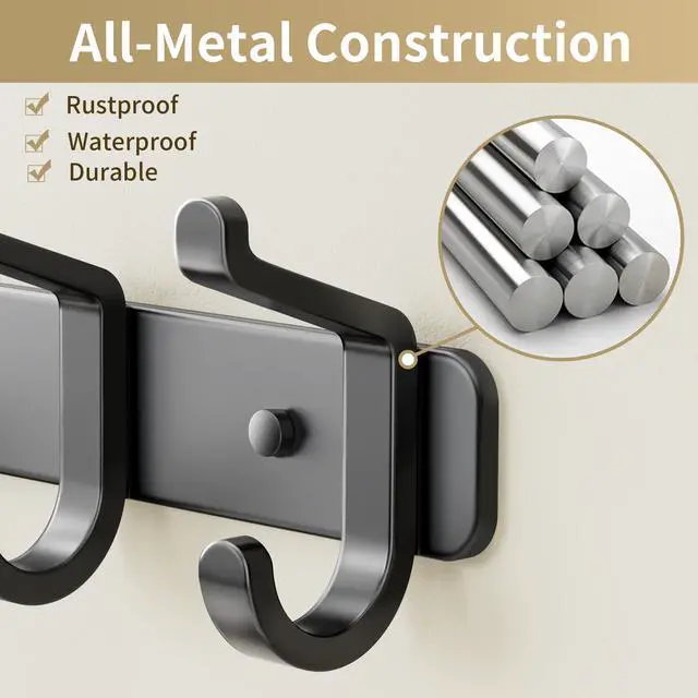 Alt view image 2 of 7 - Coat Rack Wall Mounted Heavy-Duty: Metal Coat Hanger 6 Hooks for Hanging Hat, Clothes, Robe, Keys, Backpack, Bathroom Towels, Jacket, Purse - Closet, Door, Entryway, Mudroom (Black, 1 Pack)