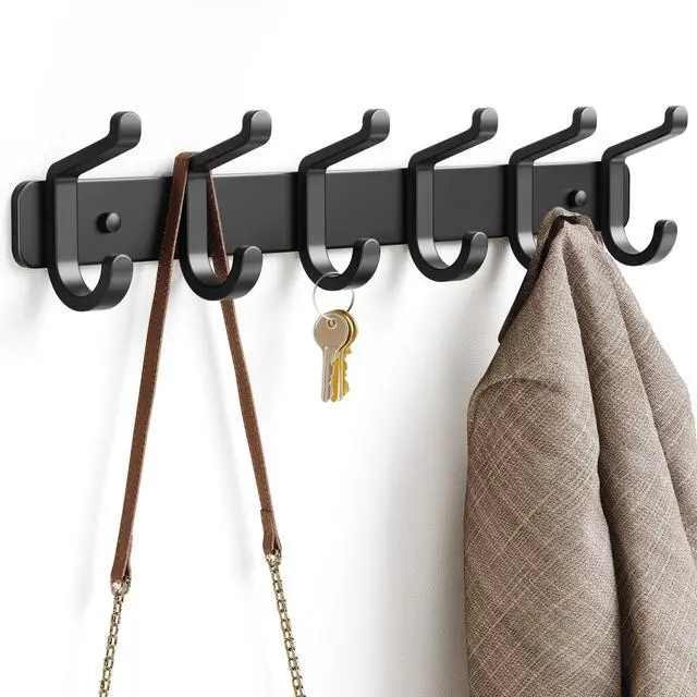 Main image of Coat Rack Wall Mounted Heavy-Duty: Metal Coat Hanger 6 Hooks for Hanging Hat, Clothes, Robe, Keys, Backpack, Bathroom Towels, Jacket, Purse - Closet, Door, Entryway, Mudroom (Black, 1 Pack)