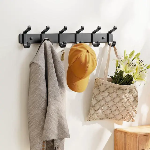Alt view image 4 of 7 - Coat Rack Wall Mounted Heavy-Duty: Metal Coat Hanger 6 Hooks for Hanging Hat, Clothes, Robe, Keys, Backpack, Bathroom Towels, Jacket, Purse - Closet, Door, Entryway, Mudroom (Black, 1 Pack)