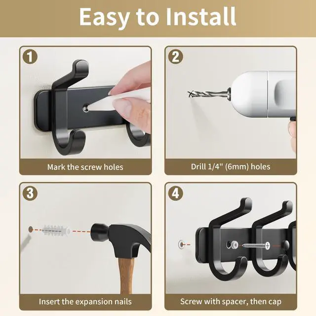 Alt view image 6 of 7 - Coat Rack Wall Mounted Heavy-Duty: Metal Coat Hanger 6 Hooks for Hanging Hat, Clothes, Robe, Keys, Backpack, Bathroom Towels, Jacket, Purse - Closet, Door, Entryway, Mudroom (Black, 1 Pack)