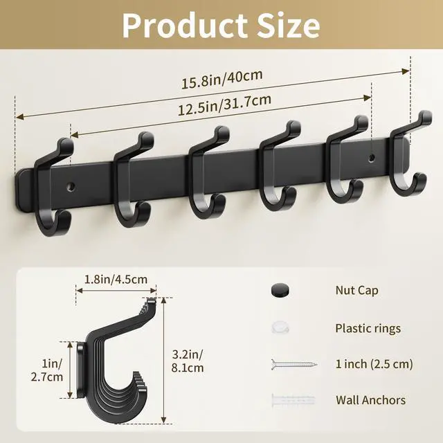 Alt view image 7 of 7 - Coat Rack Wall Mounted Heavy-Duty: Metal Coat Hanger 6 Hooks for Hanging Hat, Clothes, Robe, Keys, Backpack, Bathroom Towels, Jacket, Purse - Closet, Door, Entryway, Mudroom (Black, 1 Pack)