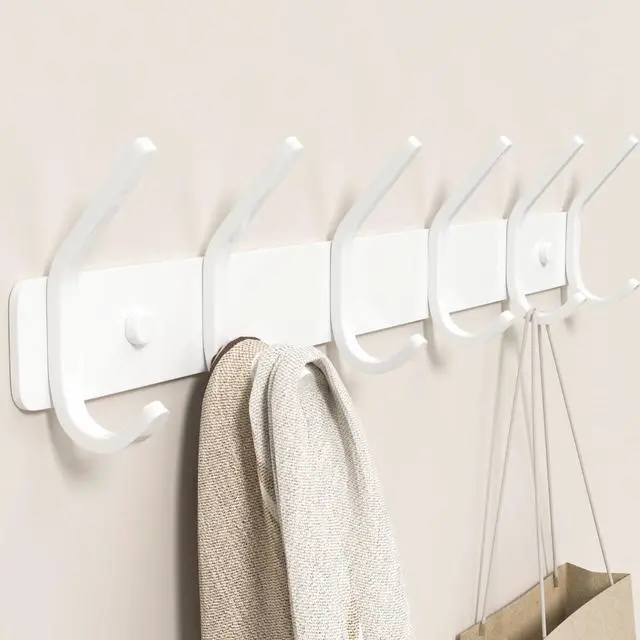 Main image of Coat Rack Wall Mount Hooks - 15 Inch Matte White Metal 6-Hook Organizer Wall Mounted, Modern Kids Room, Entryway & Bathroom Hanger for Beach Towels, Coats, Purses, Bags (1 Pack)