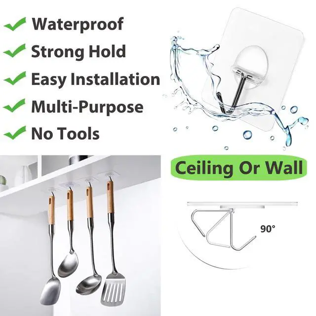 Alt view image 2 of 7 - Adhesive Wall Hooks 13LB Heavy Duty No Drill Transparent Waterproof Hooks for Bathroom Kitchen Towel Coat 8 Pack