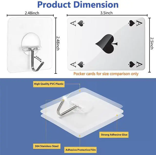 Alt view image 3 of 7 - Adhesive Wall Hooks 13LB Heavy Duty No Drill Transparent Waterproof Hooks for Bathroom Kitchen Towel Coat 8 Pack