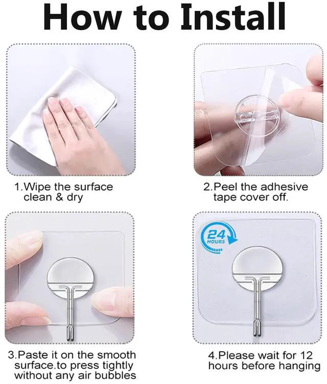 Alt view image 6 of 7 - Adhesive Wall Hooks 13LB Heavy Duty No Drill Transparent Waterproof Hooks for Bathroom Kitchen Towel Coat 8 Pack