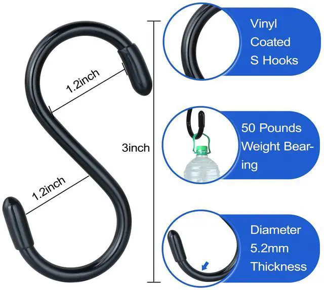 Alt view image 2 of 7 - 3 Inch Vinyl Coated S Hook,S Hooks for Hanging Plants ,10 Pack Non Slip Heavy Duty S Hooks ,Small Rubber Coated Steel Metal Black Closet S Hook for Hanging Jeans Plants Jewelry Pot Pan Cups Towels