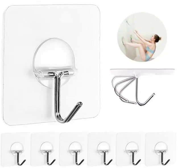 Main image of Adhesive Wall Hooks 13LB Heavy Duty No Drill Transparent Waterproof Hooks for Bathroom Kitchen Towel Coat 8 Pack