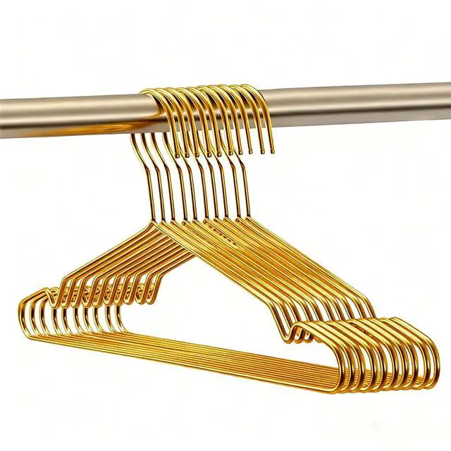 Main image of Gold Hangers for Clothes, Ultra Thin Metal Clothes Hangers Heavy Duty Coat Hanger for Dress Skirts Pants Bra Underwears, Space Saving Wire Suit Hangars Closet Organizer Dorm Room Essentials, 10 Pack
