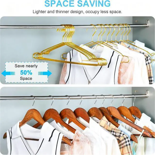 Alt view image 3 of 7 - Gold Hangers for Clothes, Ultra Thin Metal Clothes Hangers Heavy Duty Coat Hanger for Dress Skirts Pants Bra Underwears, Space Saving Wire Suit Hangars Closet Organizer Dorm Room Essentials, 10 Pack