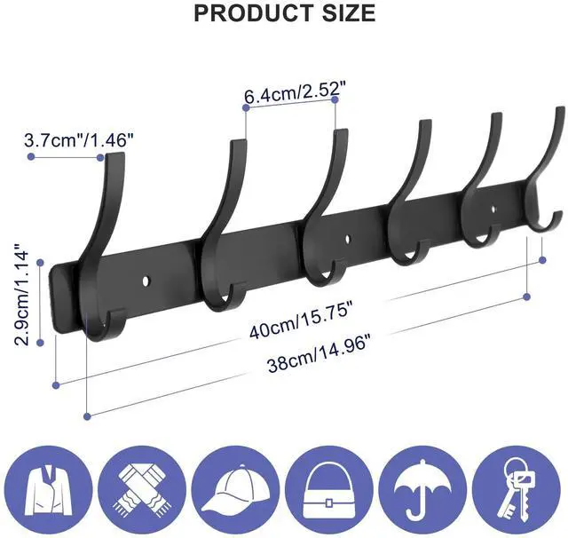 Alt view image 2 of 7 - Coat Rack Wall Mounted,6 Coat Hooks for Hanging Coats,Metal Double Hook Rack Hook Rail,Coat Rack with Hooks,Wall Mount Coat Hanger for Hat Towel Purse Robes (2 Pack Black, 6 Hooks)