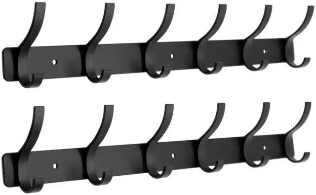 Main image of Coat Rack Wall Mounted,6 Coat Hooks for Hanging Coats,Metal Double Hook Rack Hook Rail,Coat Rack with Hooks,Wall Mount Coat Hanger for Hat Towel Purse Robes (2 Pack Black, 6 Hooks)