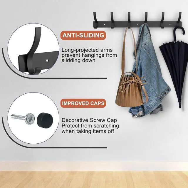 Alt view image 3 of 7 - Coat Rack Wall Mounted,6 Coat Hooks for Hanging Coats,Metal Double Hook Rack Hook Rail,Coat Rack with Hooks,Wall Mount Coat Hanger for Hat Towel Purse Robes (2 Pack Black, 6 Hooks)
