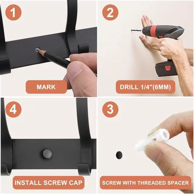 Alt view image 6 of 7 - Coat Rack Wall Mounted,6 Coat Hooks for Hanging Coats,Metal Double Hook Rack Hook Rail,Coat Rack with Hooks,Wall Mount Coat Hanger for Hat Towel Purse Robes (2 Pack Black, 6 Hooks)
