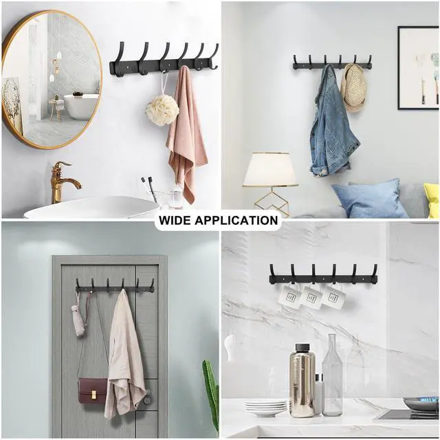 Alt view image 4 of 7 - Coat Rack Wall Mounted,6 Coat Hooks for Hanging Coats,Metal Double Hook Rack Hook Rail,Coat Rack with Hooks,Wall Mount Coat Hanger for Hat Towel Purse Robes (2 Pack Black, 6 Hooks)