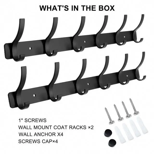 Alt view image 7 of 7 - Coat Rack Wall Mounted,6 Coat Hooks for Hanging Coats,Metal Double Hook Rack Hook Rail,Coat Rack with Hooks,Wall Mount Coat Hanger for Hat Towel Purse Robes (2 Pack Black, 6 Hooks)