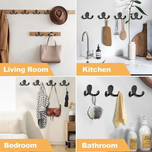 Alt view image 2 of 7 - 10 Pack Coat Hooks Wall Hooks for Hanging, Heavy Duty Double Prong Metal Hook Wall Mounted for Living Room, Bathroom, Kitchen, Bedroom for Coat, Bag, Scarf, Towel, Hat, Key, Cup (Black)